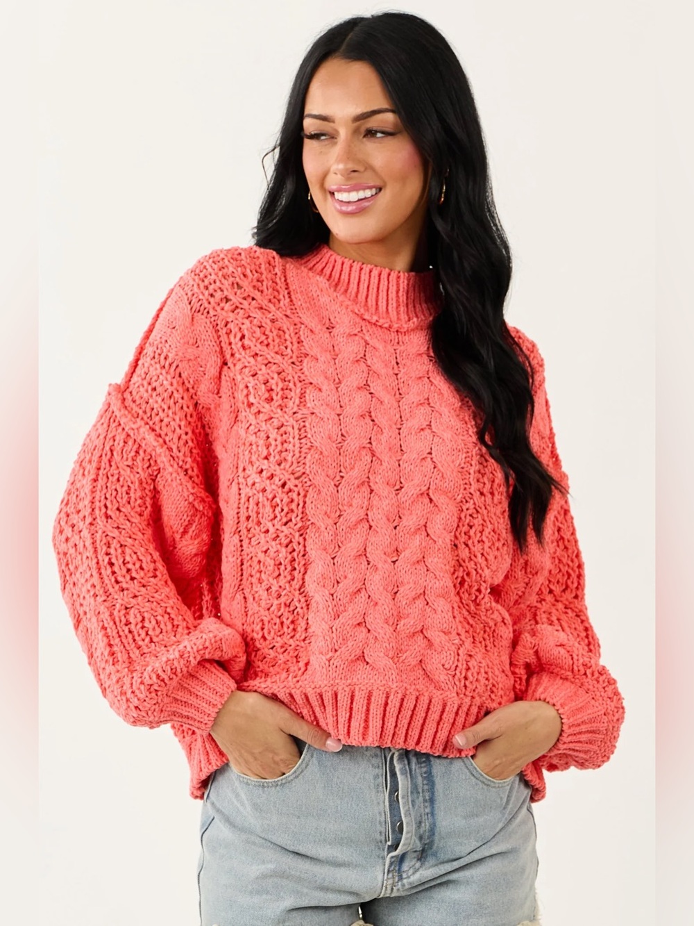 NWOT POL Coral Cable Knit Sweater L